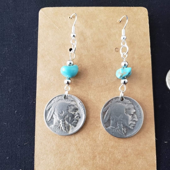 SALE Vintage Genuine Buffalo Indian Head Nickel Turquoise Drop Hood Earrings - Picture 3 of 4